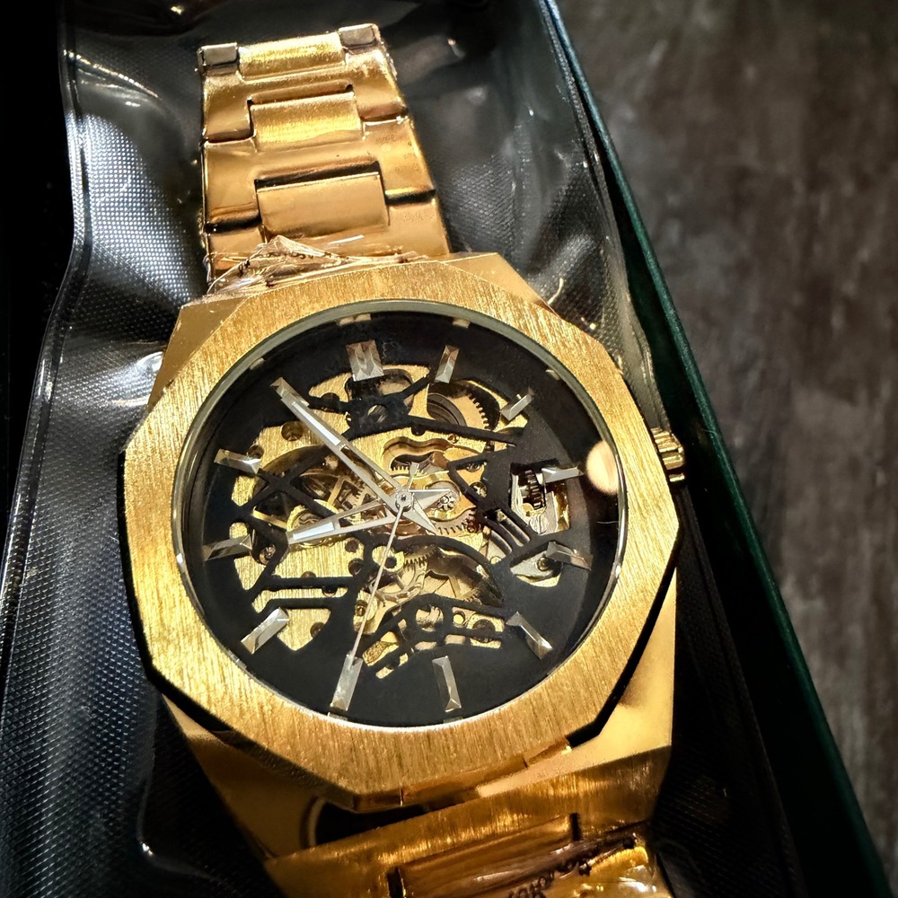 Lucky Tours Wristwatch Mens OS Gold Skeleton Automatic Octagonal TM344 New